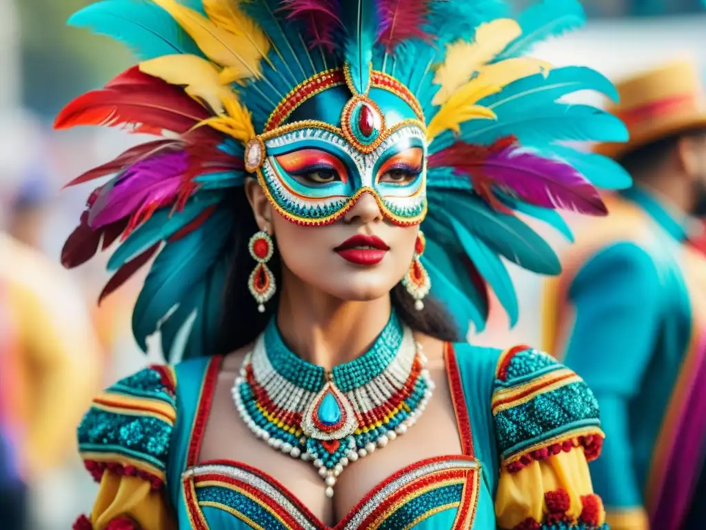 Deslumbrante disfraz de carnaval uruguayo Detallado vestuario para Carnaval, con brillos, plumas y bordados, capturando la esencia festiva y creativa