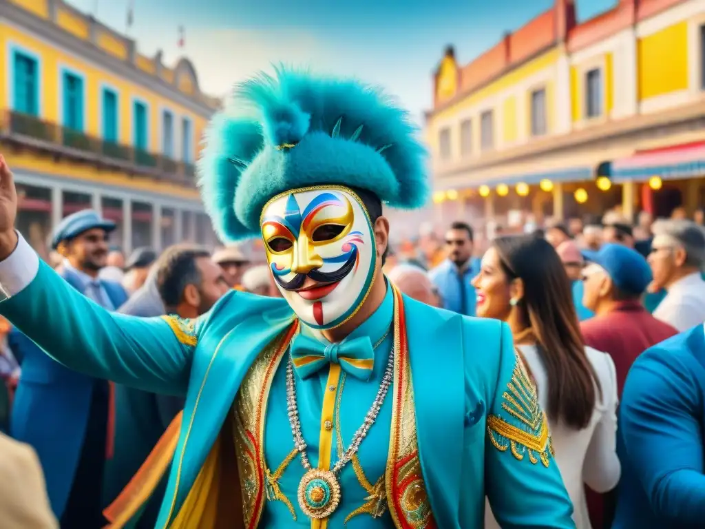 Pintura detallada de un vibrante carnaval en Uruguay Detalle de acuarela de un animado Carnaval en Uruguay con parodistas, reflejando la energía y éxito de la festividad