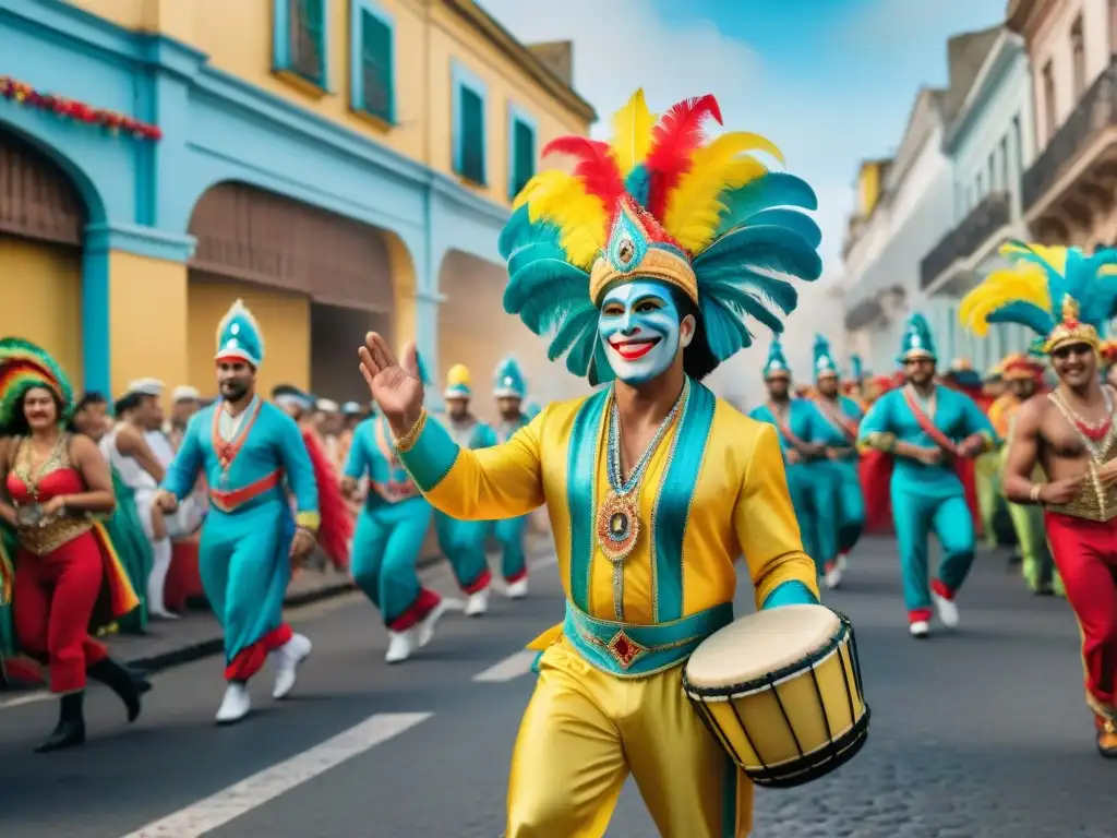 Carnaval vibrante en Uruguay: Danzas, música y colorido Detalle en acuarela del vibrante Carnaval en Uruguay con danzas coloridas, música alegre y una atmósfera festiva