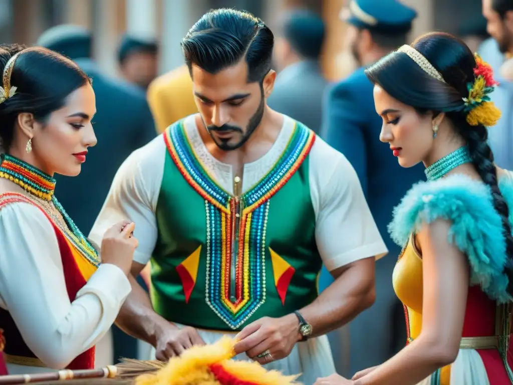 Artesanos uruguayos creando trajes de Carnaval con detallada destreza Detalle de artesanos uruguayos creando trajes Carnaval Uruguayo artesanales con telas vibrantes y bordados