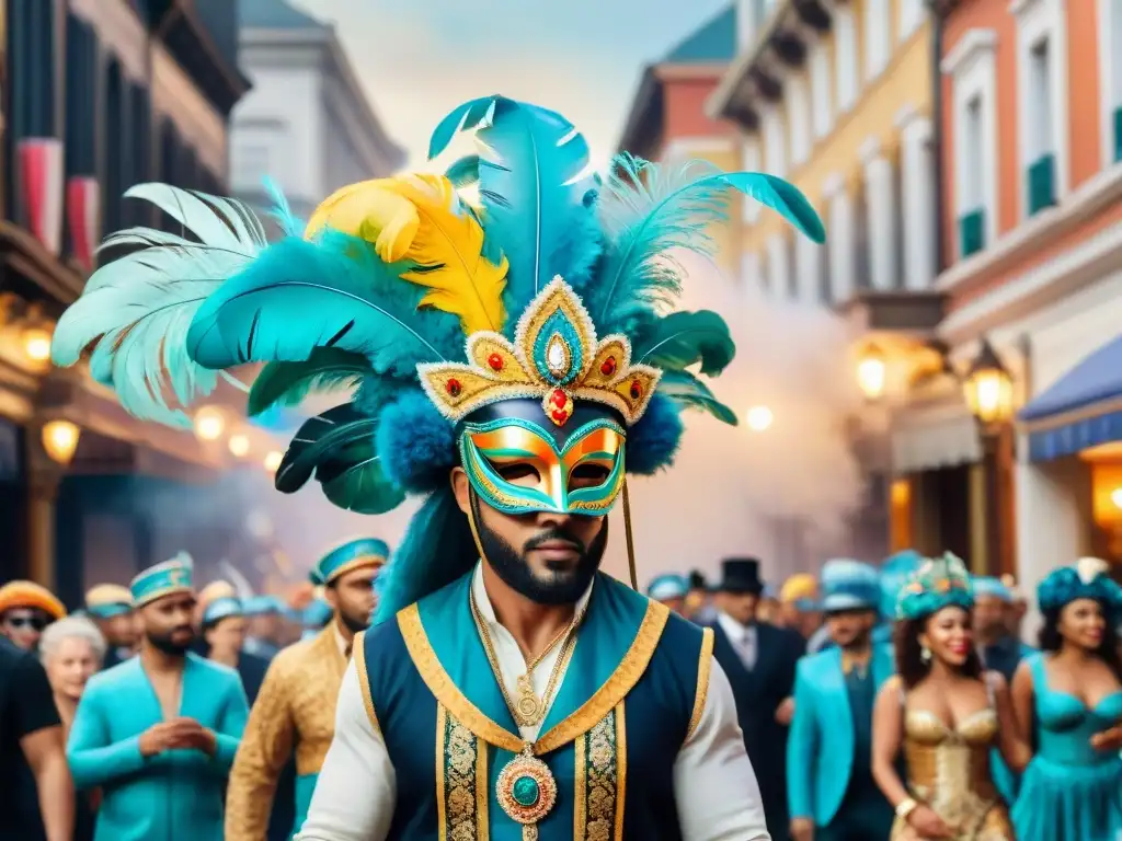 Vibrante Carnaval: Detalles en Acuarela Detalle acuarela del bullicioso Carnaval, con deslumbrantes carrozas, bailarines y público emocionado