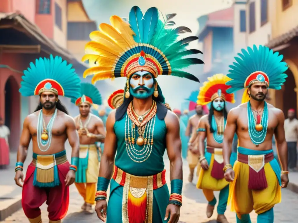 Coloridas murgas tradicionales y modernas en vibrante acuarela Detalle de una colorida pintura acuarela de un grupo de murga con vestuarios transformados en una ciudad bulliciosa