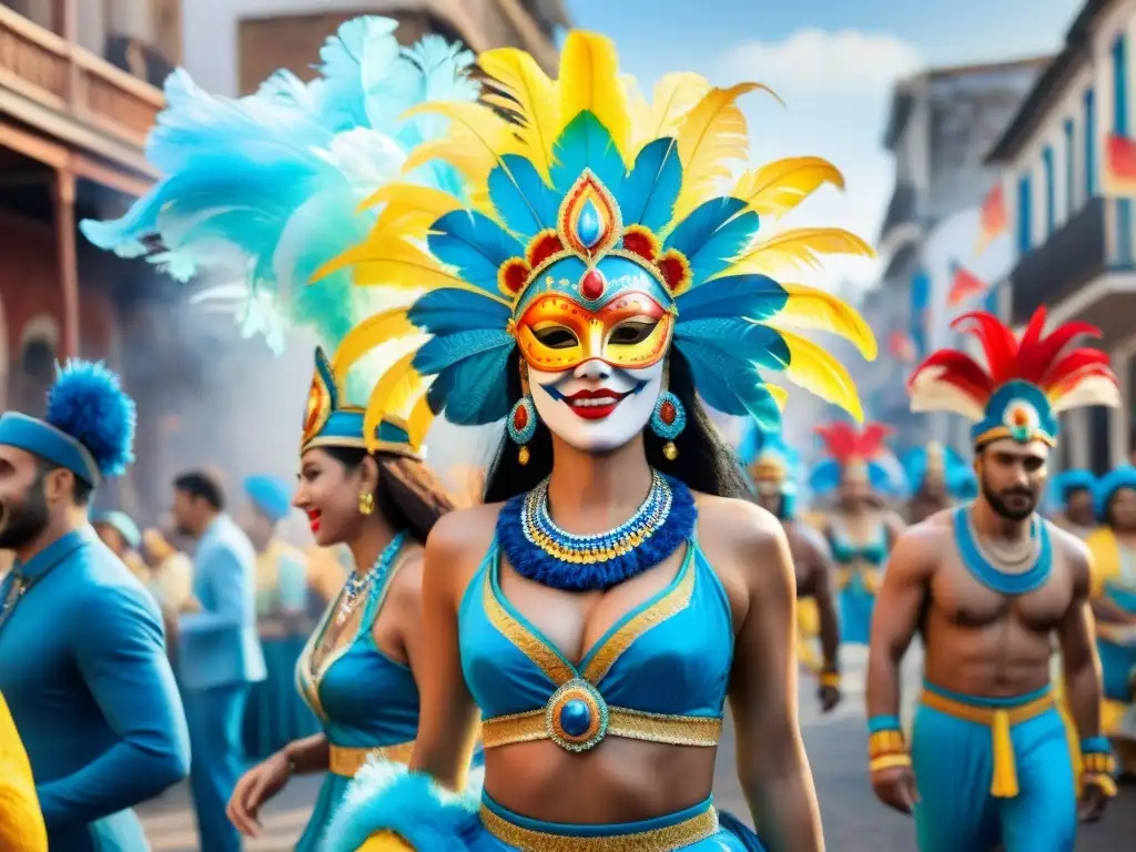 Deslumbrante desfile de carnaval en Uruguay: color y tradición Detalle de un colorido desfile de carnaval en Uruguay resaltando la importancia de complementos en Carnaval