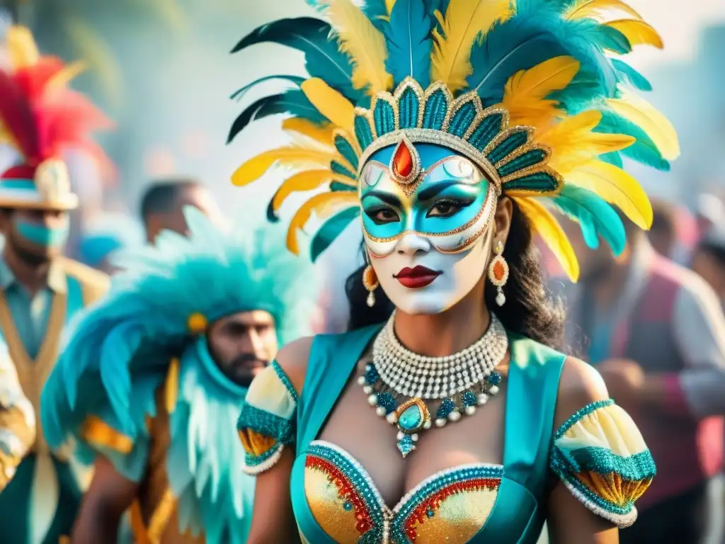 Evolución vibrante de los trajes de carnaval en Uruguay Detalle colorido del diseño de vestuario en Carnaval, desde trajes tradicionales uruguayos hasta influencias internacionales modernas