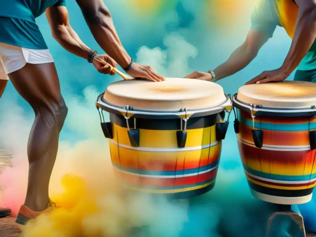 Ilustración acuarela de tambores Chico, Repique y Piano en Candombe Detalle colorido de los Tipos de tambores en Candombe: Chico, Repique y Piano, capturando su esencia cultural y significado rítmico