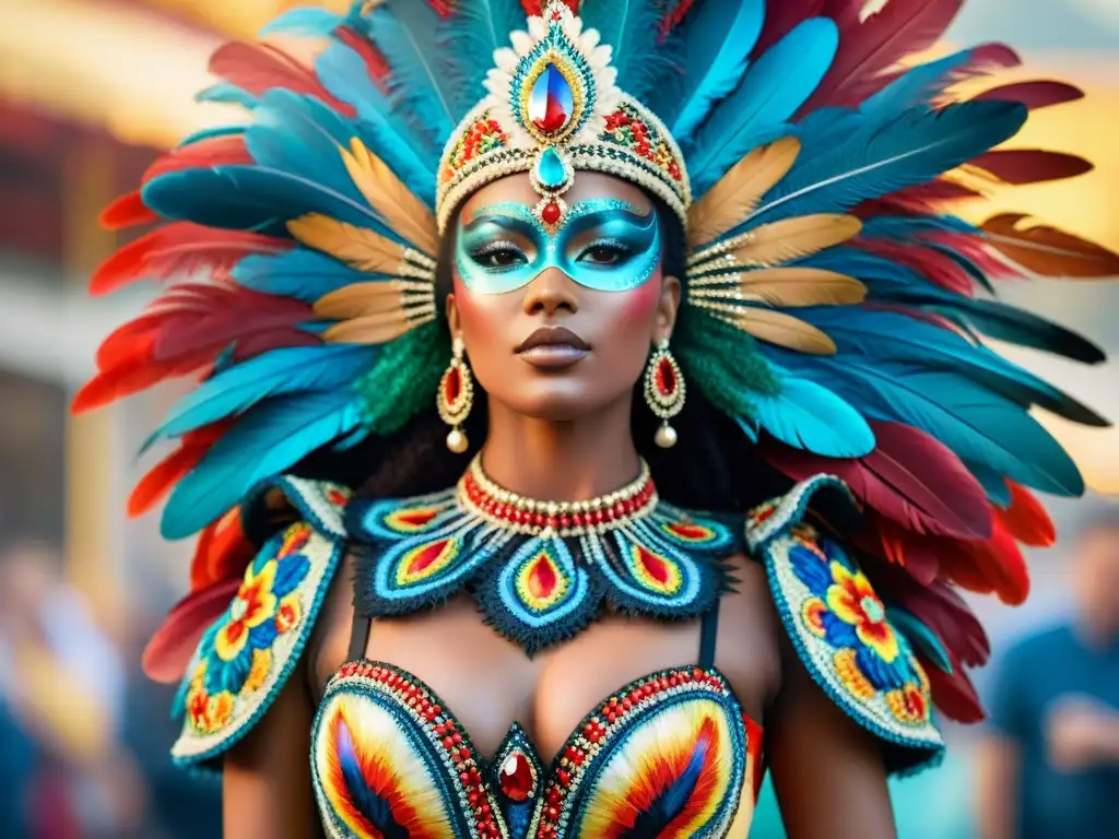 Detalles vibrantes de un traje de Carnaval Detalle exquisito del proceso creativo en un traje de Carnaval Uruguayo, con plumas, lentejuelas y motivos tradicionales