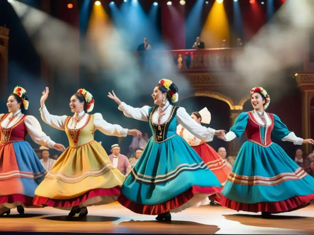 Espectáculo de Parodistas Uruguayos en Escenario Vibrante Detalle acuarela de parodistas uruguayos en trajes tradicionales, resaltando la importancia del humor uruguayo