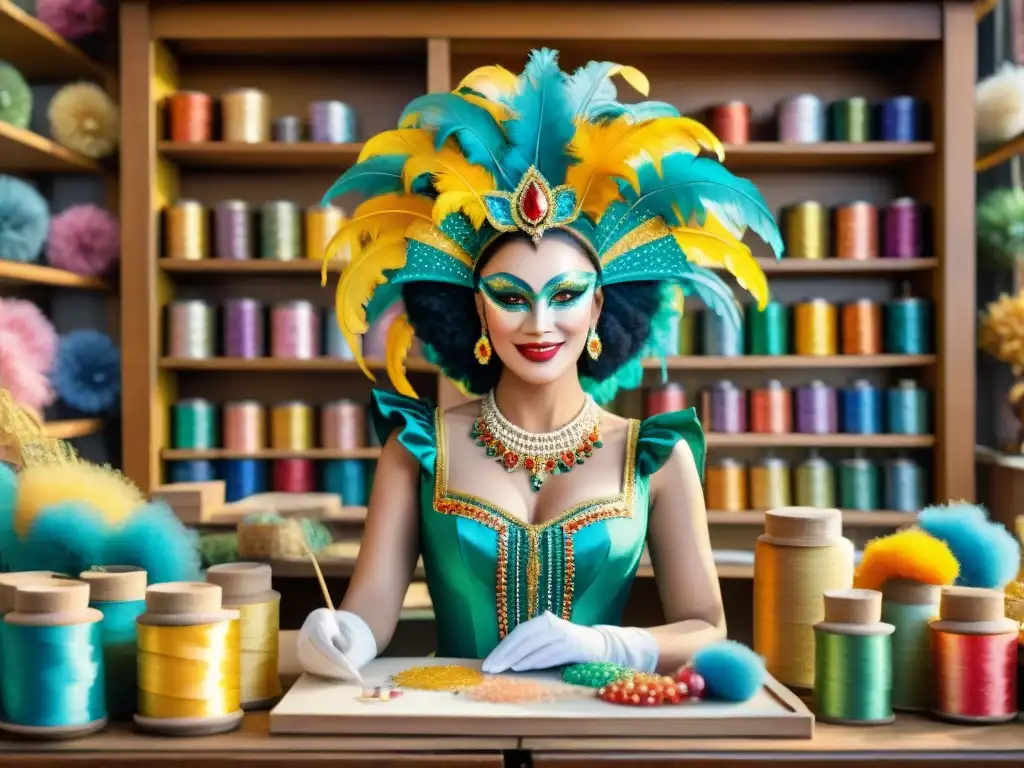 Detallada ilustración acuarela de taller de disfraces de carnaval Detalle acuarela de talleres de carnaval uruguayo, artesanos creando coloridos trajes