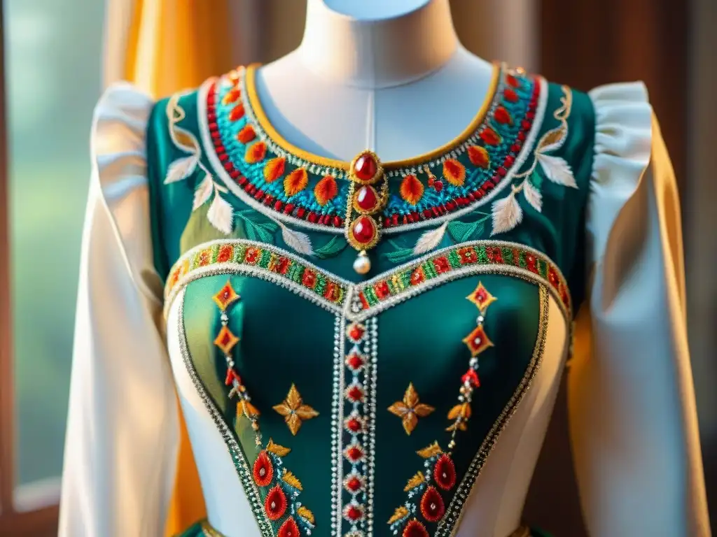 Detalle único: Preservación de traje de Carnaval histórico Detalle de traje histórico de Carnaval preservado con cuidado en una habitación iluminada suavemente