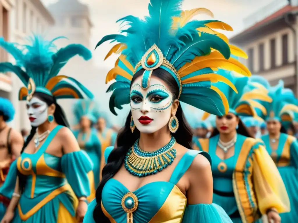 Evolución de trajes de Carnaval en Uruguay: de lo ancestral a lo vibrante Detalle acuarela historia vestuario Carnaval Uruguay: evolución de trajes desde indígenas a modernos, con colores y patrones únicos