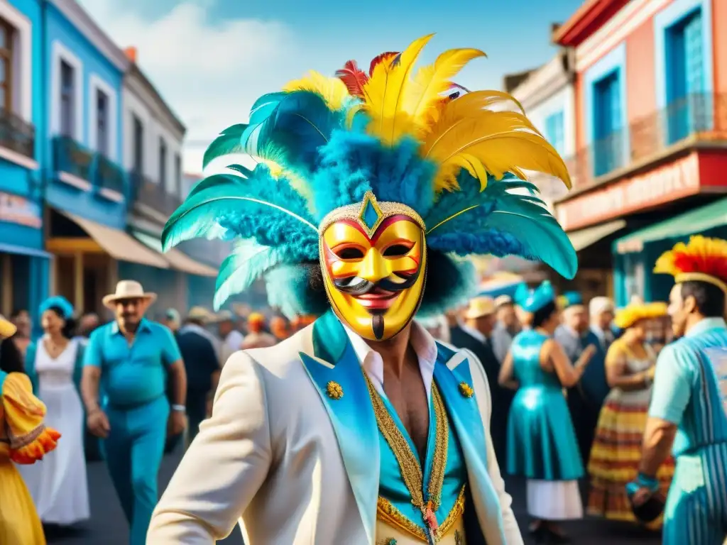Carnaval en Uruguay: Colorida celebración en las calles Detalle acuarela vibrante de calle uruguaya en Carnaval, con trajes coloridos y música alegre