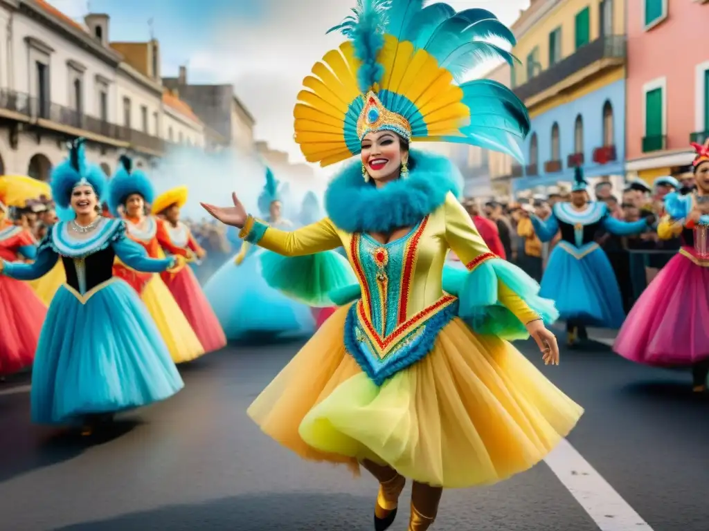 Vibrante Carnaval en Uruguay: pintura acuarela detallada Detalle acuarela del vibrante Carnaval Uruguayo: coloridos trajes, carrozas y música