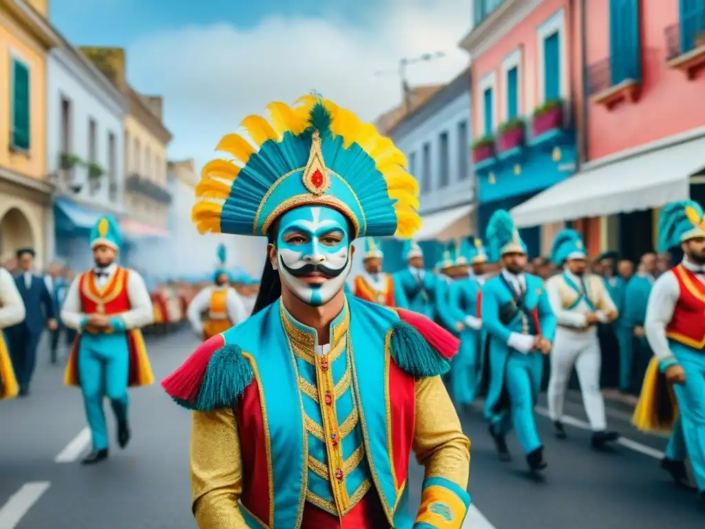 Pintura acuarela detallada de Carnaval en Uruguay Detalle vibrante del Carnaval Uruguayo: desfile colorido, danzas energéticas y bandas musicales, junto a edificios coloniales decorados