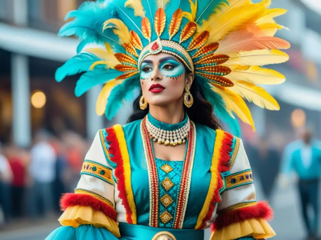 Evolución de trajes de carnaval en Uruguay: de lo tradicional a lo extravagante Detalle vibrante historia evolución trajes carnaval uruguayo: plumas, cuentas y telas coloridas