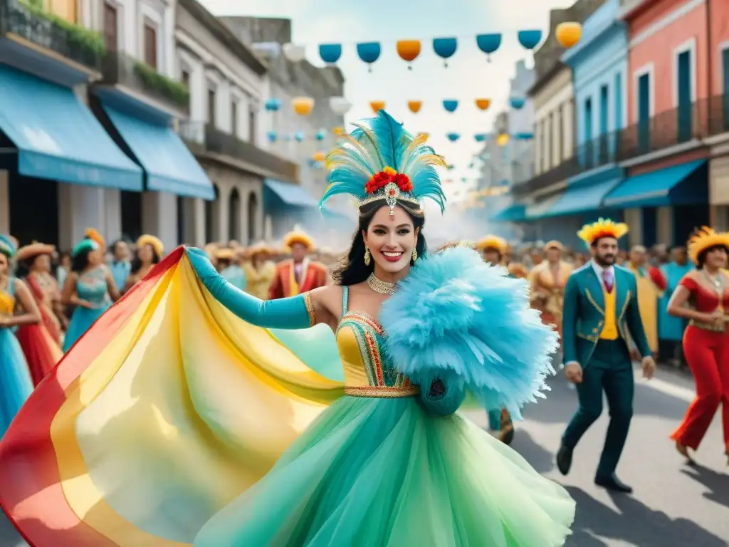 Desfile de Carnaval en Uruguay: Detalles coloridos y festivos Detalle acuarela del vibrante Carnaval Uruguayo en el mundo: trajes, música y baile en las calles
