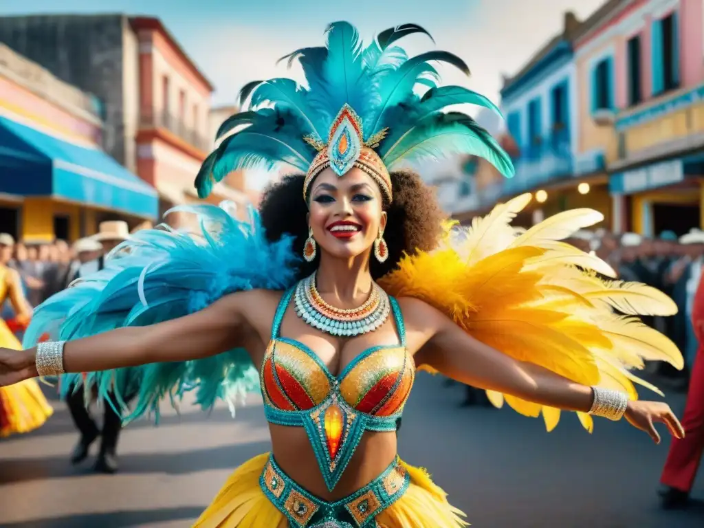 Carnaval de Uruguay: Detalles vibrantes y ritmo festivo Detalle vibrante de comparsa de Carnaval en Uruguay, fusionando diseño y artesanía