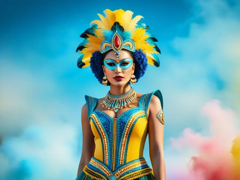 Traje de Carnaval Uruguayo: Reinterpretación vibrante y detallada Detalle vibrante y contemporáneo de un traje de Carnaval Uruguayo, ideal para diseñadores contemporáneos trajes Carnaval Uruguayo
