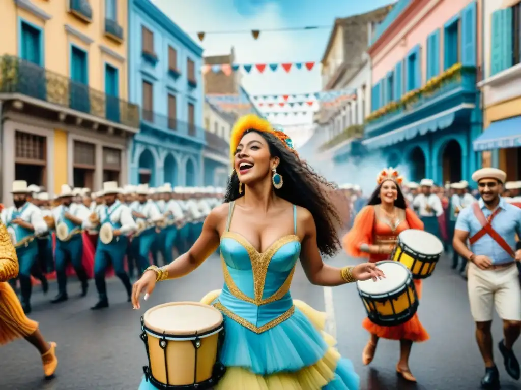 Carnaval vibrante en Uruguay: ilustración acuarela Detalle acuarela vibrante de desfile de Carnaval en Uruguay, con trajes coloridos y música festiva