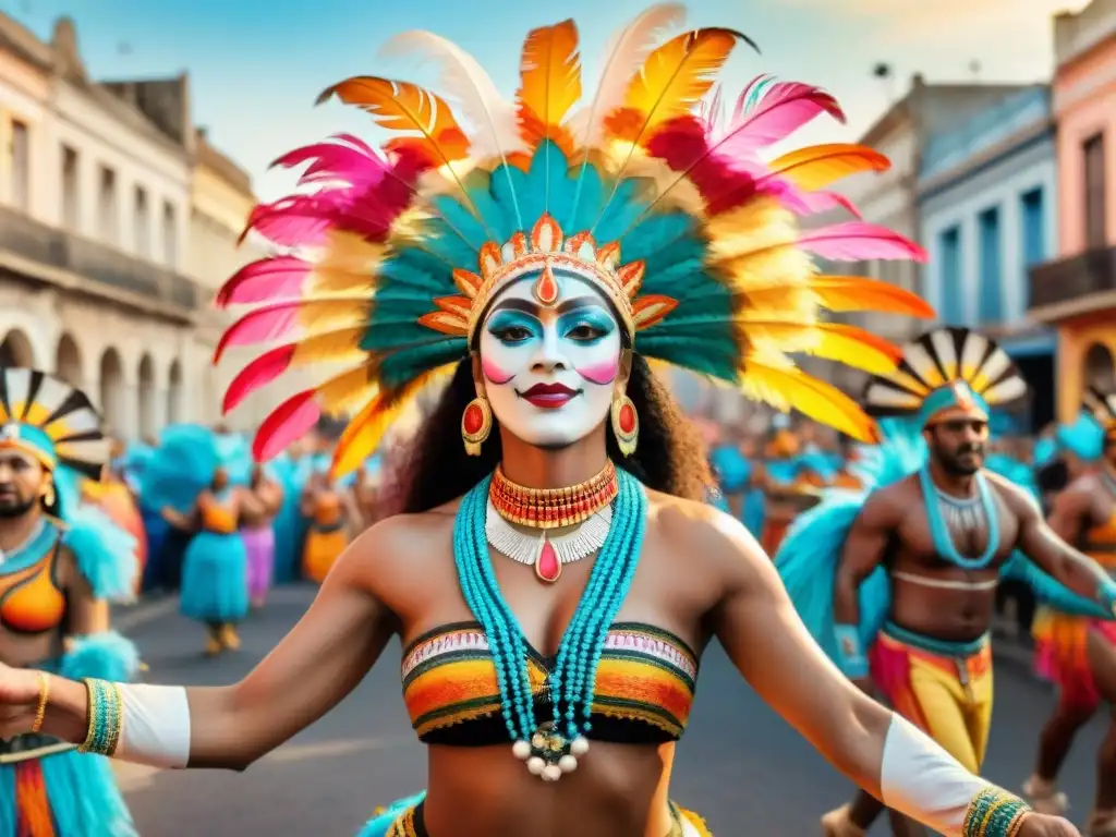 Deslumbrante desfile de carnaval en Uruguay Detalle vibrante de tradición de parodistas en Uruguay: desfile de carnaval con colores vivos y energía festiva