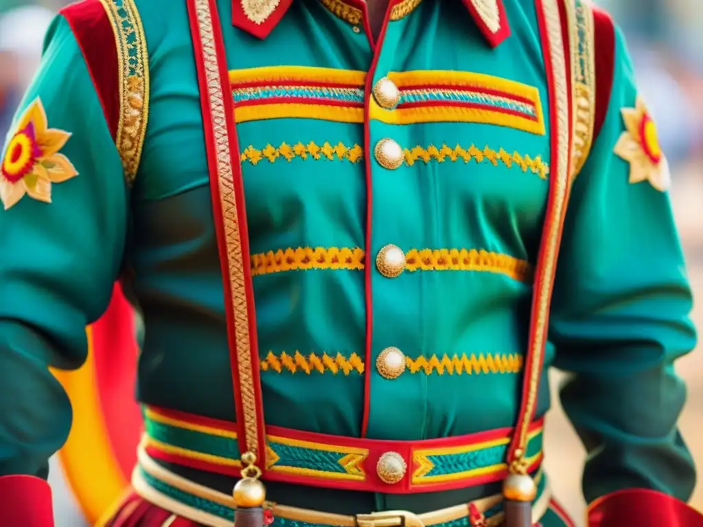 Detalles vibrantes de un traje de Carnaval uruguayo: arte y tradición Detalle vibrante de un traje de Carnaval Uruguayo con bordados, colores brillantes y texturas delicadas