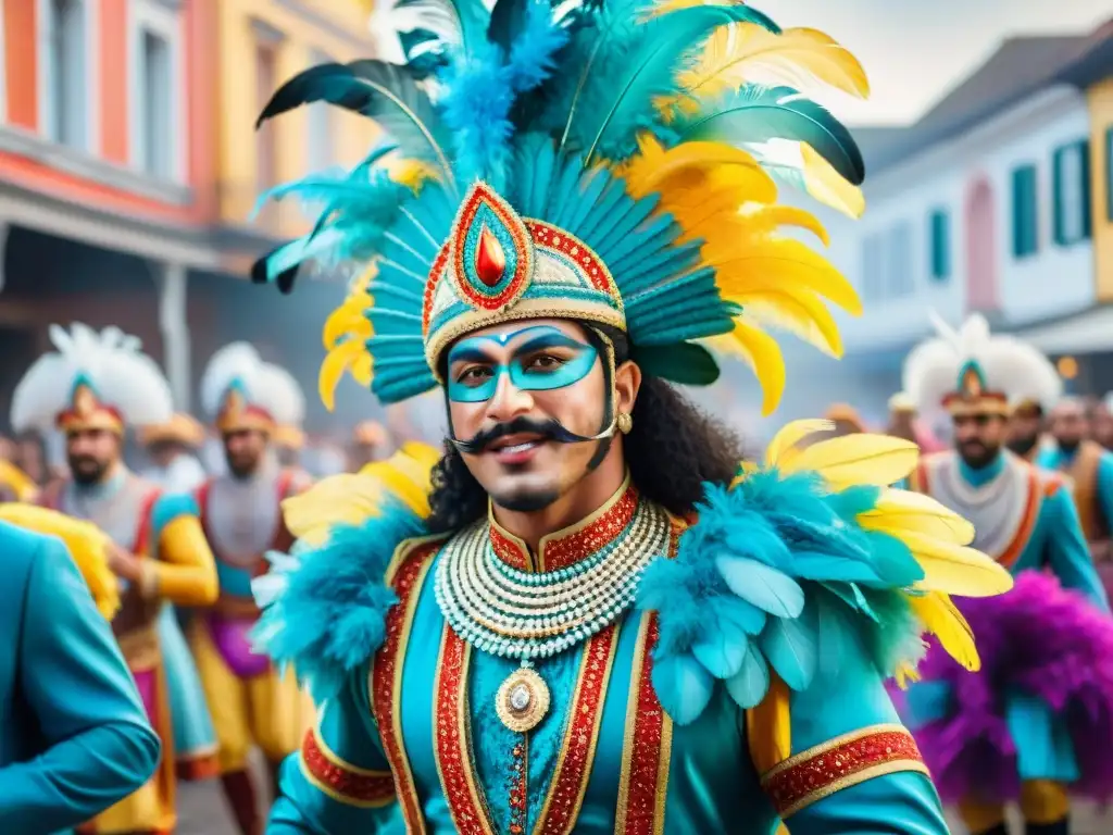 Coloridos trajes de Carnaval de Uruguay: arte y energía Detalle vibrante de trajes Carnaval Uruguayo con mensaje oculto de color y energía festiva