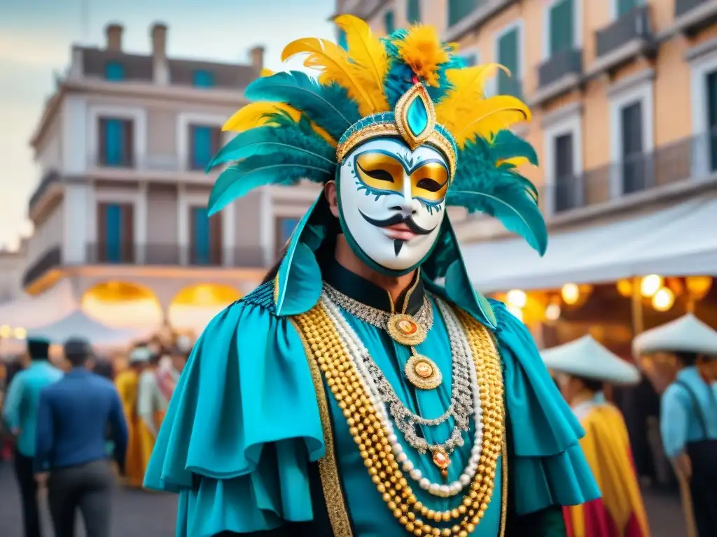 Contrastes vibrantes: Carnaval en Montevideo Detalle de vibrantes trajes y máscaras de carnaval en Montevideo, Uruguay, contrastando con edificios coloniales en blanco y negro