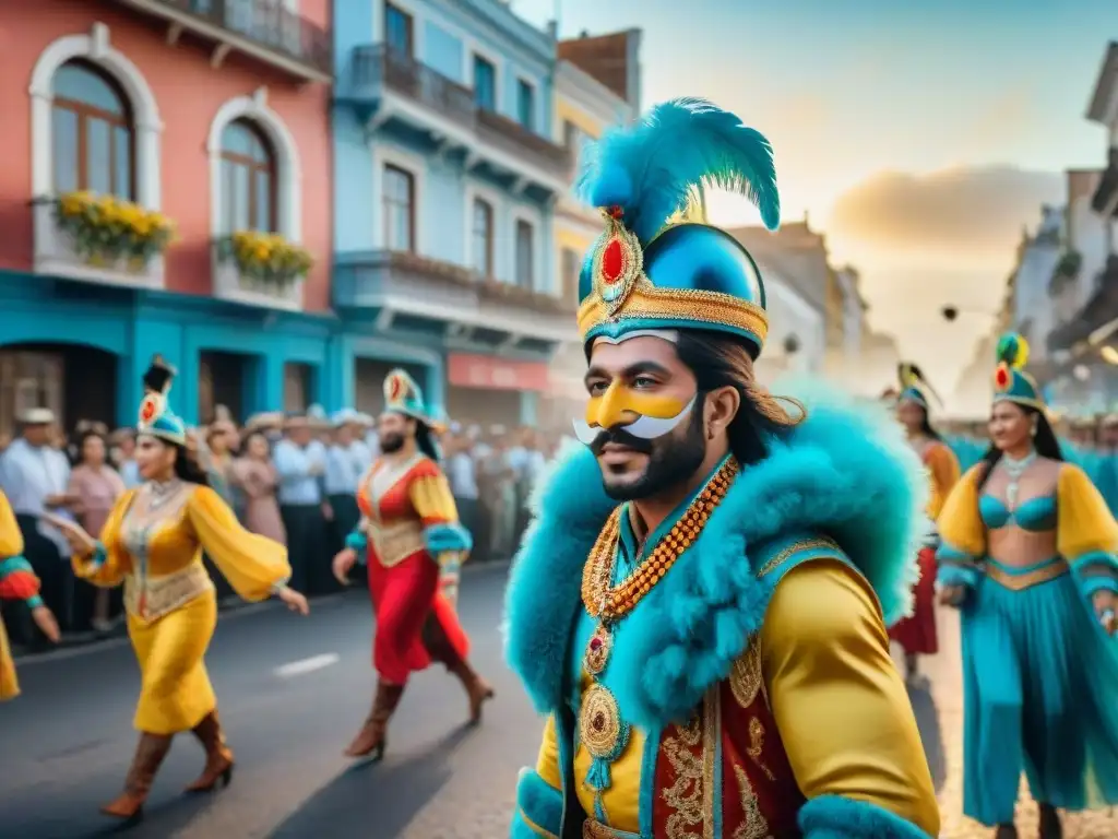 Deslumbrante Carnaval en Uruguay y Argentina Detalle vívido de desfile de Carnaval Uruguayo y Argentino: murgas, comparsas y conexiones entre Carnaval Uruguayo en acuarela