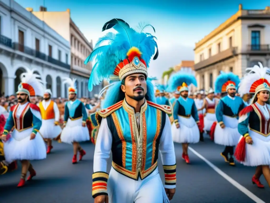 Deslumbrante comparsa en Uruguay: baile vibrante y colorido Detalle vívido de la evolución del vestuario de comparsas en un vibrante desfile en Uruguay