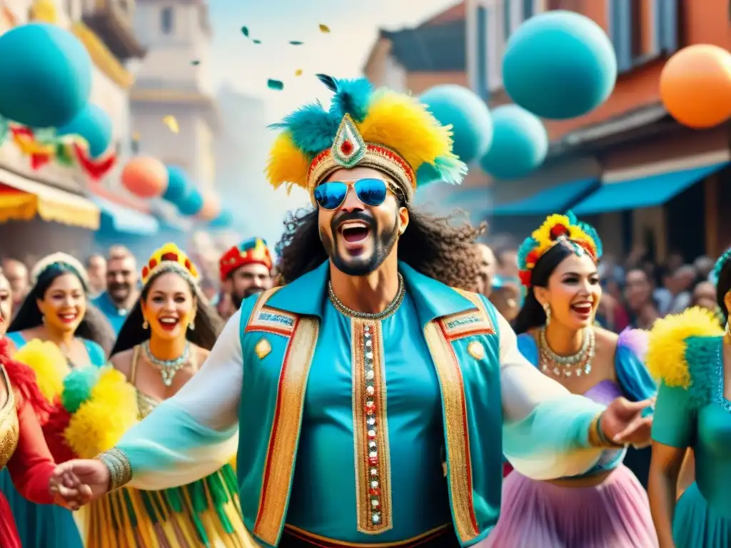 Carnaval de Uruguay y Argentina: Desfile vibrante en acuarela 8k Detalle vivo del Carnaval Uruguayo y Argentino: murgas y comparsas danzan en conexión festiva