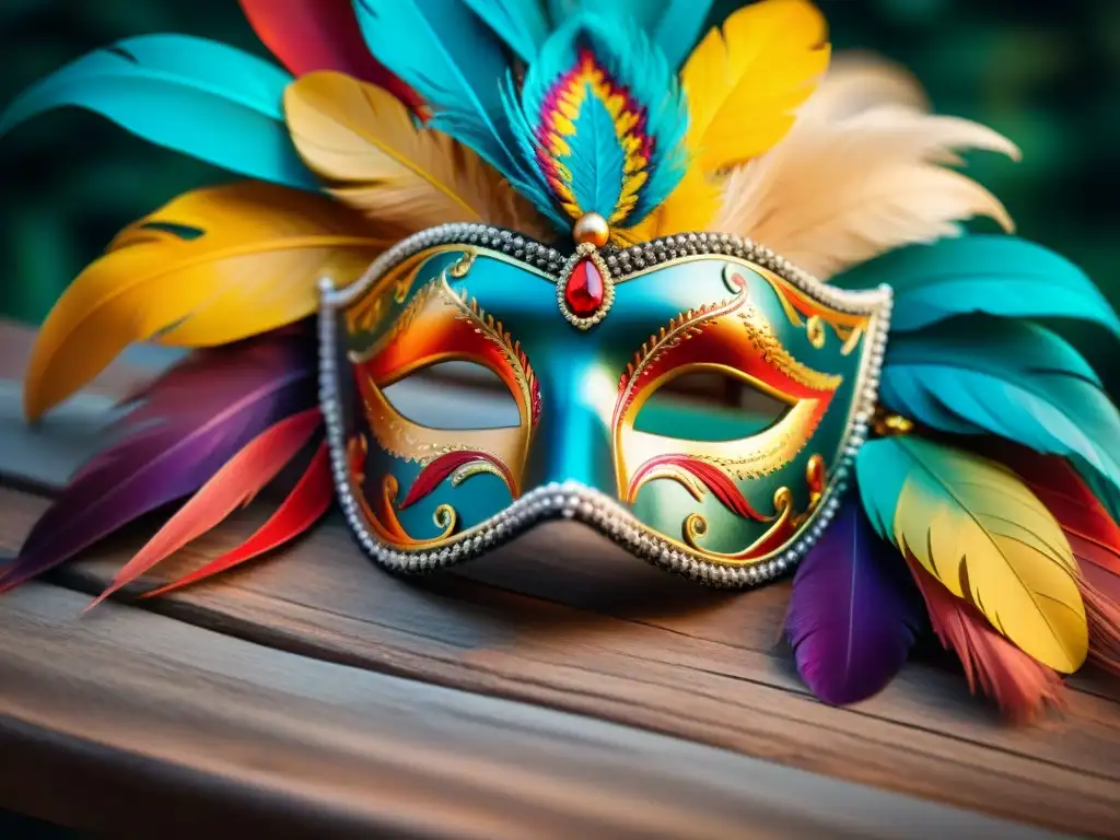 Máscara de carnaval detallada en 8k: plumas, lentejuelas y bordados Detalles vibrantes de un Carnaval Uruguayo en macrofotografía mundos miniatura