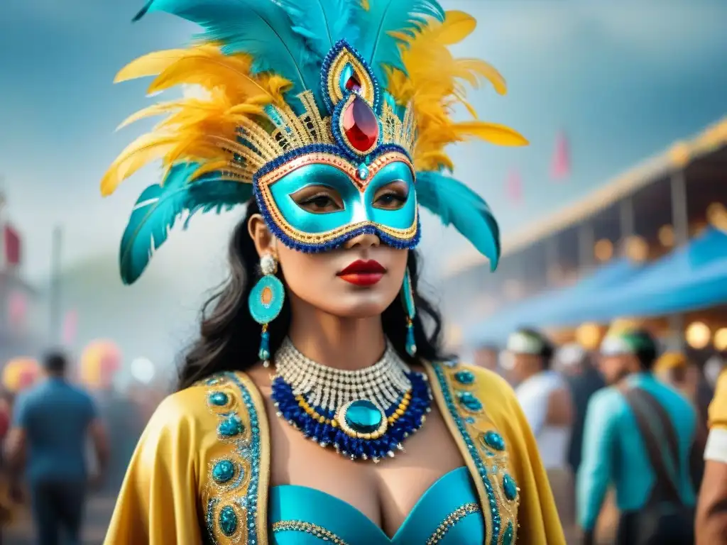 Arte del Carnaval Uruguayo: Máscaras, Capas y Tocados Coloridos Detalles vibrantes de complementos tradicionales del Carnaval Uruguayo: máscaras coloridas, capas ornamentadas y tocados elaborados