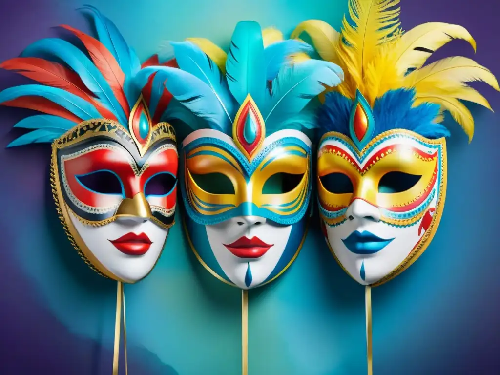 Máscaras de carnaval uruguayo: coloridas y festivas Detalles vibrantes de máscaras de carnaval uruguayo en acuarela, representando el Storytelling en el Branding del Carnaval Uruguayo