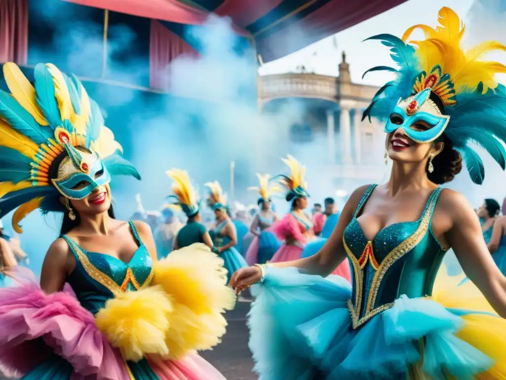 Detrás del carnaval: arte uruguayo en acuarela Detrás de escena en el Carnaval Uruguayo: coloridos trajes, máscaras intrincadas y ensayos de baile, todo en una ilustración detallada en acuarela