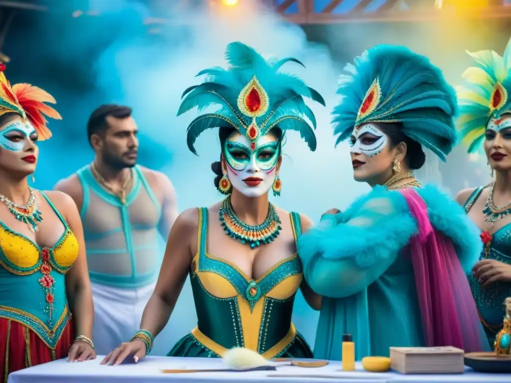 Bastidores del Carnaval Uruguayo: creatividad y colaboración Detrás escena del Carnaval Uruguayo: diseñadores cosiendo, maquilladores y músicos en vibrante caos creativo