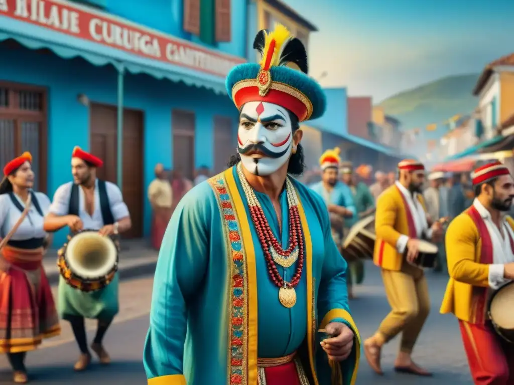 Preparativos coloridos de murga en Uruguay Preparación vida diaria murga uruguaya: Escena vibrante de murgueros ensayando y maquillándose para el carnaval