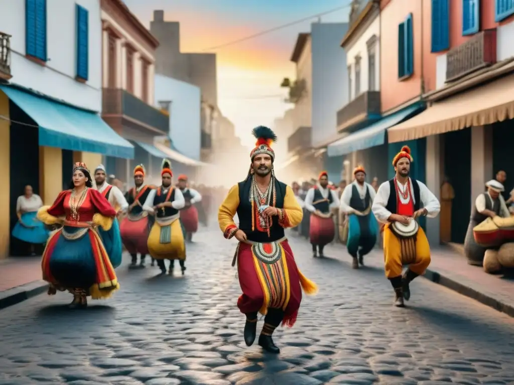 Murga en Montevideo: Colorida escena urbana llena de vida y pasión Preparación vida diaria murga uruguaya: Calle bulliciosa con coloridas murgas practicando danzas al atardecer