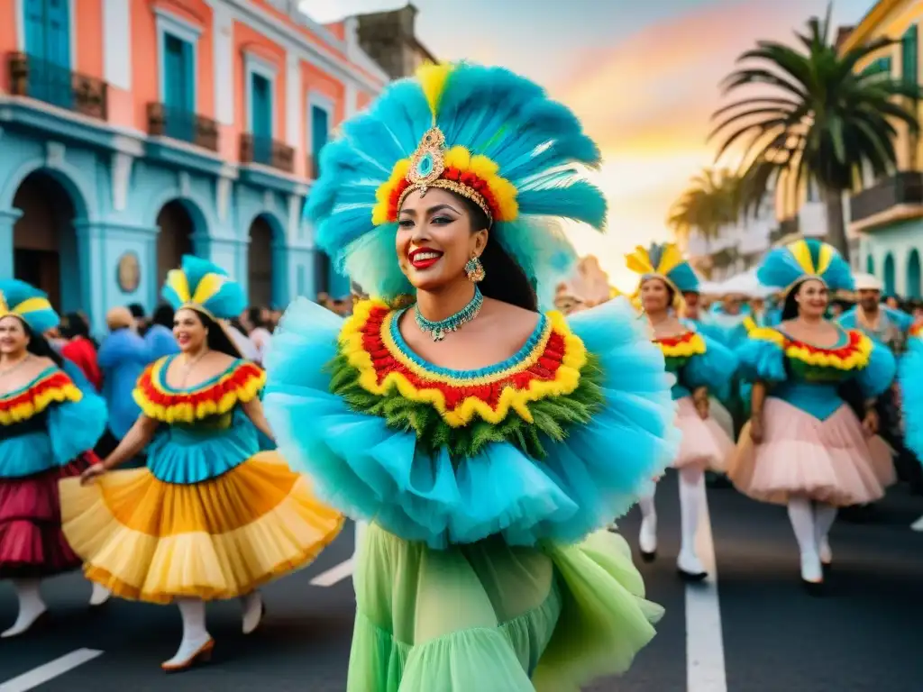 Desfile de Carnaval en Uruguay: Celebración y Colorido Transformación digital del Carnaval Uruguayo: Desfile vibrante en Uruguay con trajes coloridos y danzas tradicionales bajo el atardecer sudamericano