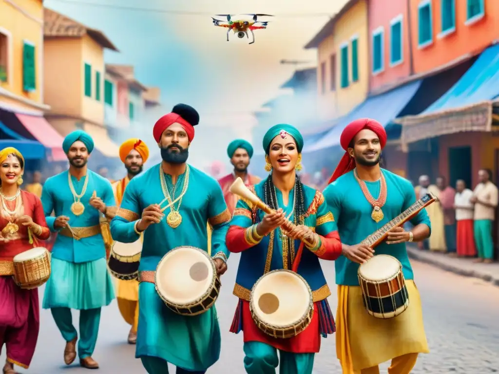 Murga tradicional: fusión de tradición y tecnología en la era digital Transformación digital en las murgas: Detalle vibrante de una murga tradicional fusionando tecnología y tradición en la calle