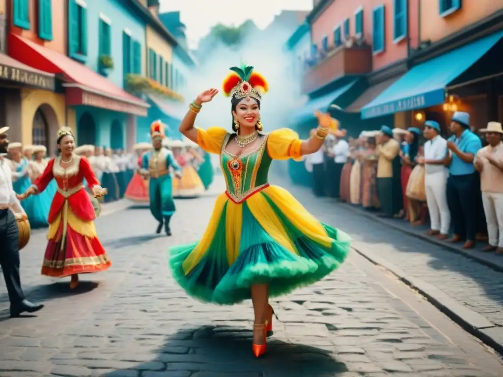 Deslumbrante Carnaval: Celebración histórica llena de color y energía Una ilustración digital vibrante de un Carnaval histórico con bailarines detallados, carros de colores y espectadores animados