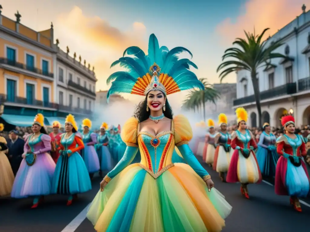 Carnaval en Uruguay: Un vibrante desfile pintado en acuarela Digitalización del Carnaval Uruguayo: Una acuarela detallada de un vibrante desfile de carnaval en Uruguay al atardecer