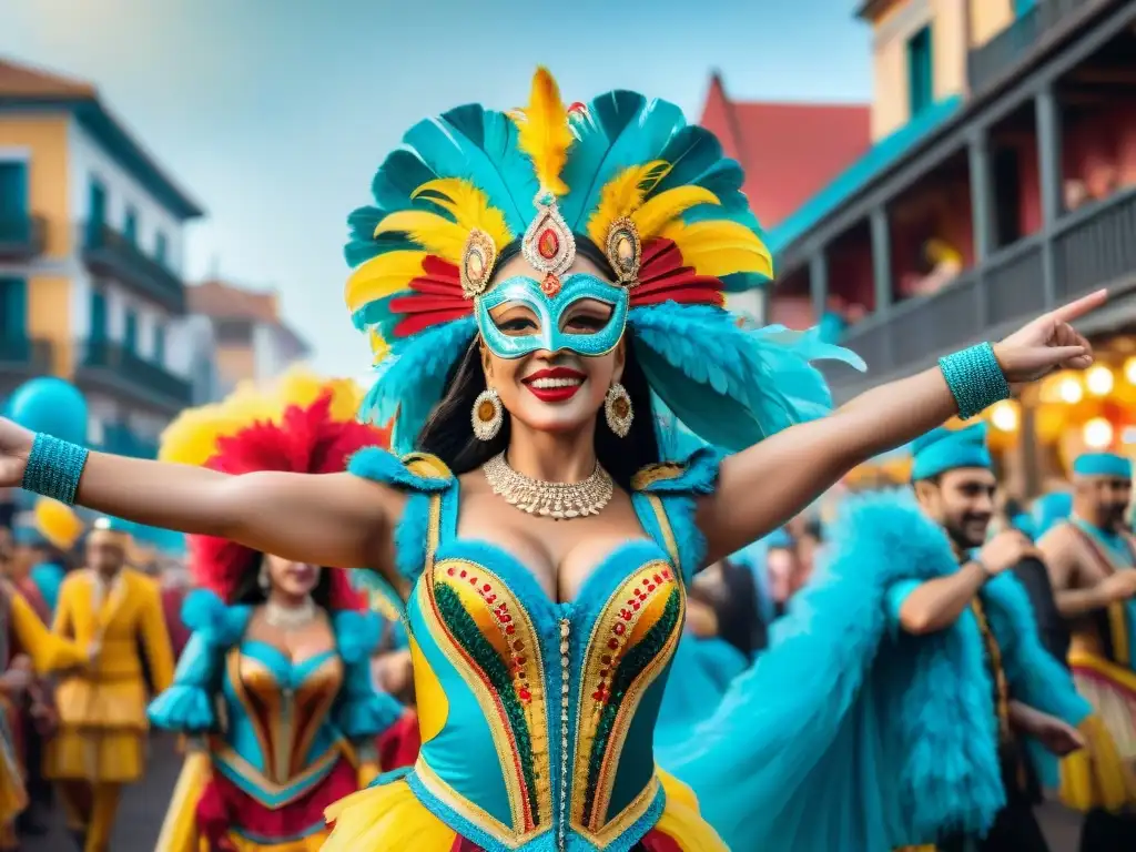 Deslumbrante desfile de carnaval en Uruguay Una digitalización del Carnaval Uruguayo con bailarines y espectadores animados