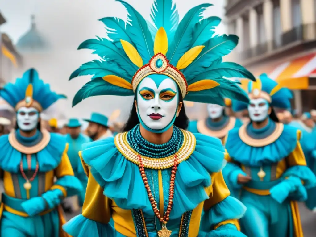 Deslumbrante desfile de Carnaval en Uruguay Digitalización del Carnaval Uruguayo: Desfile colorido y festivo con trajes extravagantes y músicos animados