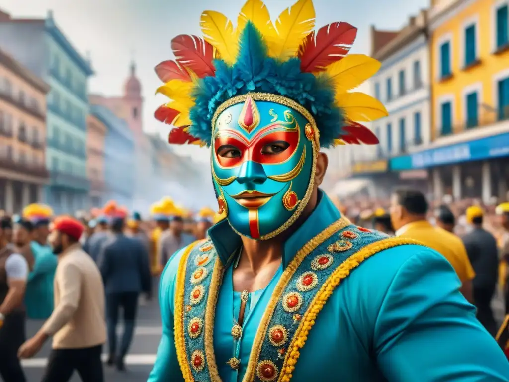 Desfile vibrante de Carnaval en Uruguay: acuarela detallada Digitalización del Carnaval Uruguayo: Detallada pintura acuarela de un vibrante desfile con carrozas, bailarines y multitud animada