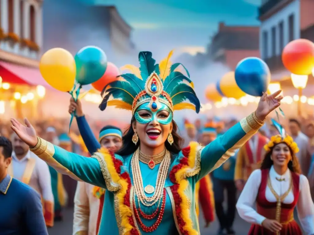 Deslumbrante desfile de Carnaval en Uruguay: colores y alegría Digitalización del Carnaval Uruguayo: Pintura acuarela de un desfile colorido con carrozas, danzas y espectadores animados