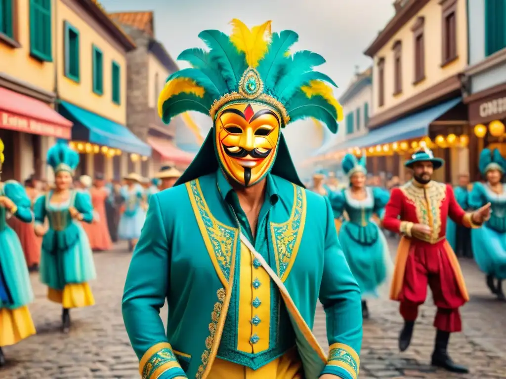 Vibrante escena de Carnaval: tradición y alegría en acuarela Digitalización de fotografías antiguas Carnaval: Una escena vibrante de Carnaval con trajes coloridos y mascaradas en calles empedradas históricas