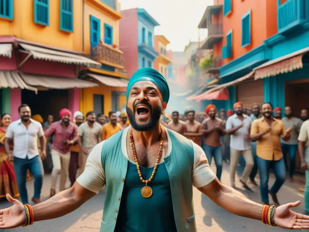 Pintura acuarela detallada de un director apasionado de murga Un director apasionado de murga dirige músicos en una esquina vibrante, destacando la importancia del director en murga