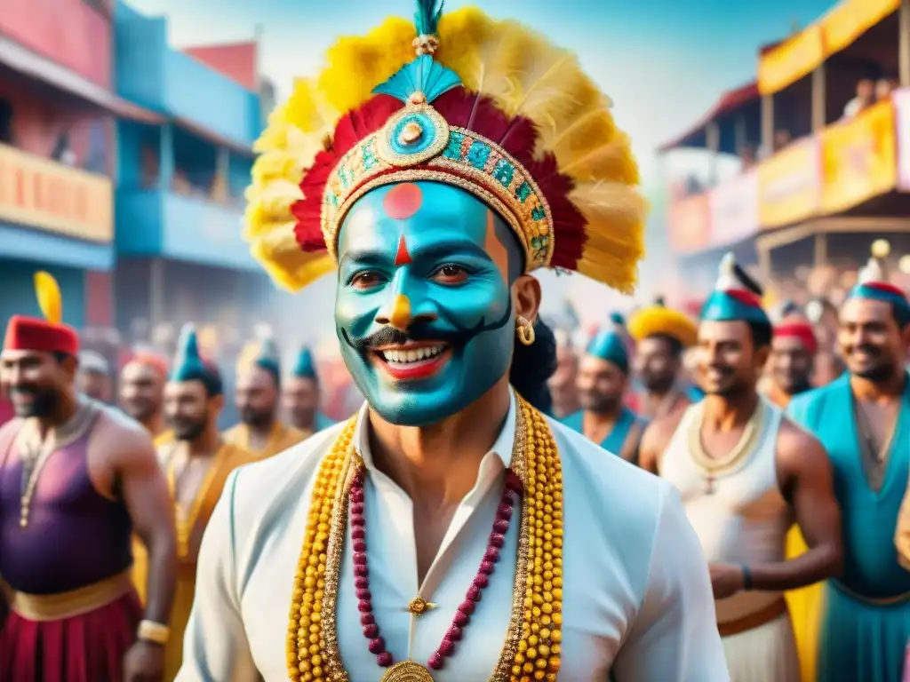 Director de murga liderando con pasión y alegría en carnaval Un director de murga apasionado lidera con determinación y alegría en medio de un carnaval vibrante