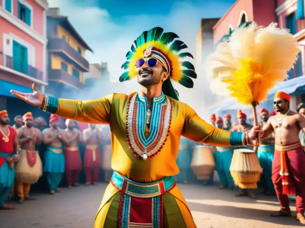 Director de murga liderando con pasión en carnaval vivaz Un director seguro lidera una vibrante murga, destacando la importancia del director en murga