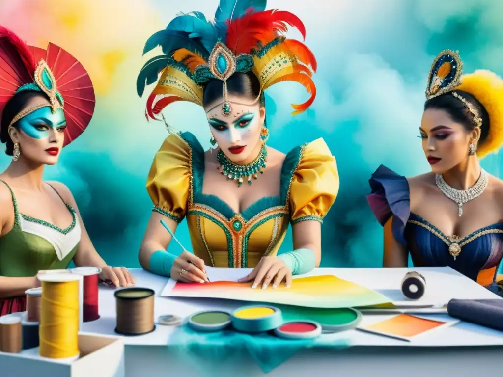 Diseñadores de Carnaval Uruguayo: Creatividad y Pasión Diseñadores del Carnaval Uruguayo innovadores crean trajes vanguardistas en acuarela vibrante