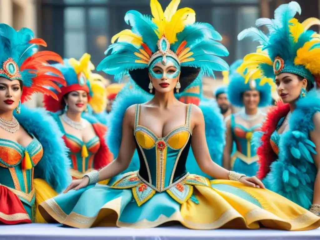 Diseñadores de Carnaval de Uruguay crean juntos una obra maestra Diseñadores de Carnaval Uruguayo creando juntos un colorido traje de carnaval, reflejando pasión y colaboración artística